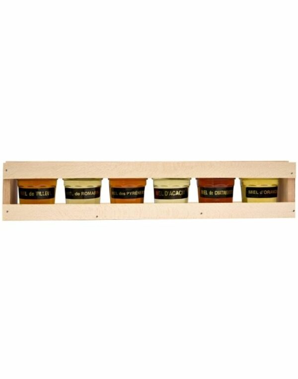 Coffret 6 pots de miel de 50g en bois